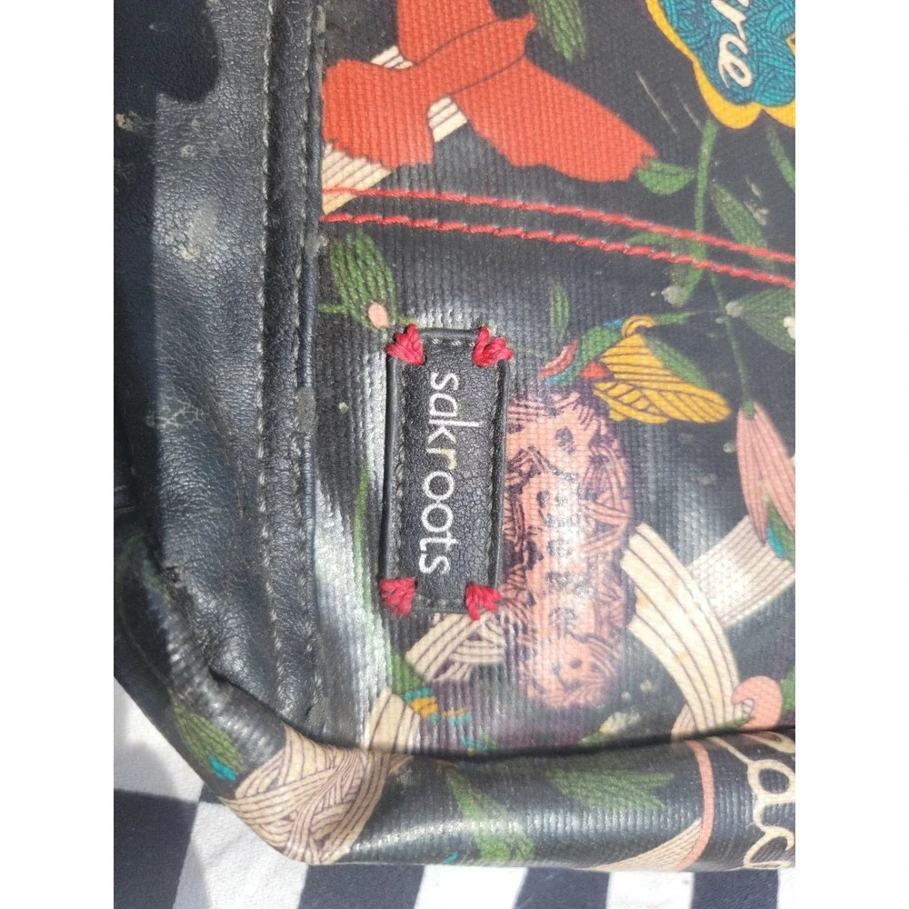 Sakroots Peace Nature Floral Bird Tote Handbag Black Coated Canvas‎